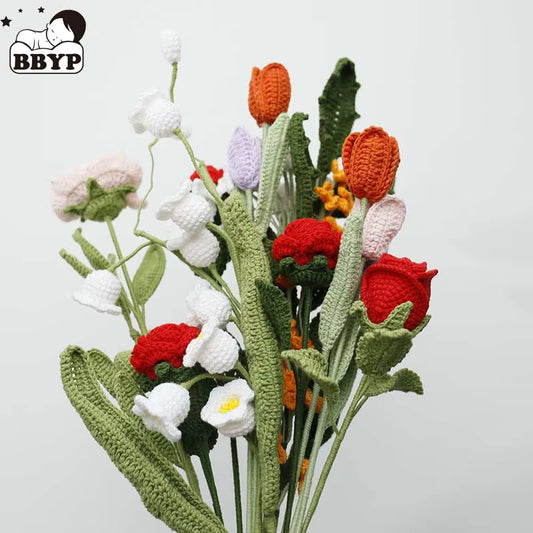 Handmade Crochet Yarn Rose Lily Home Decor Wool Hand Knitting Peony Flowers Beautiful Plant Artificial Room Nursery Home Decor