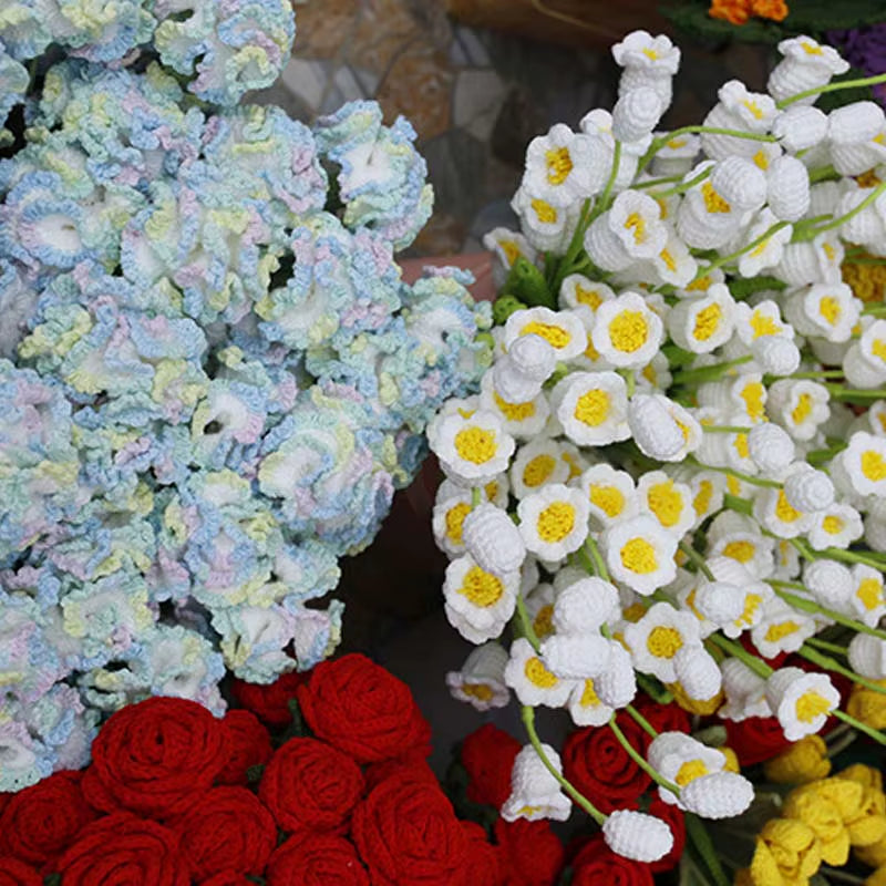 Handmade Crochet Yarn Rose Lily Home Decor Wool Hand Knitting Peony Flowers Beautiful Plant Artificial Room Nursery Home Decor