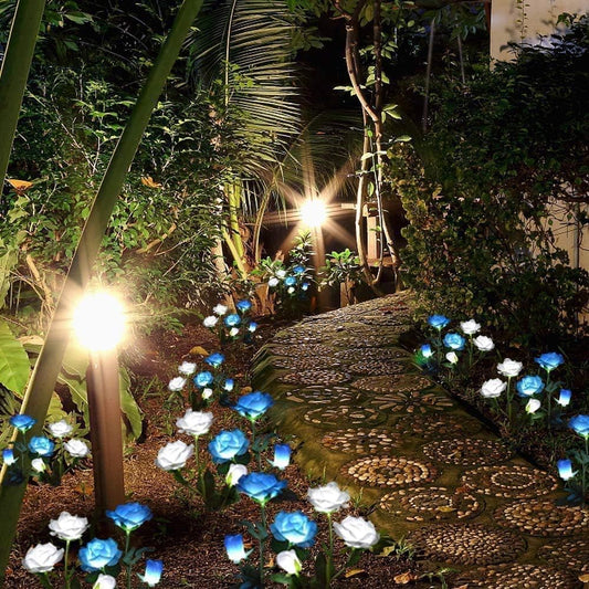 Solar Rose Lights Outdoor Solar Garden Stake Lights, 2 PCS Solar Flowers Lights Outdoor Garden, Waterproof LED Roses Flowers Lights Yard Decorations Outdoor Color Changing(White and Blue)
