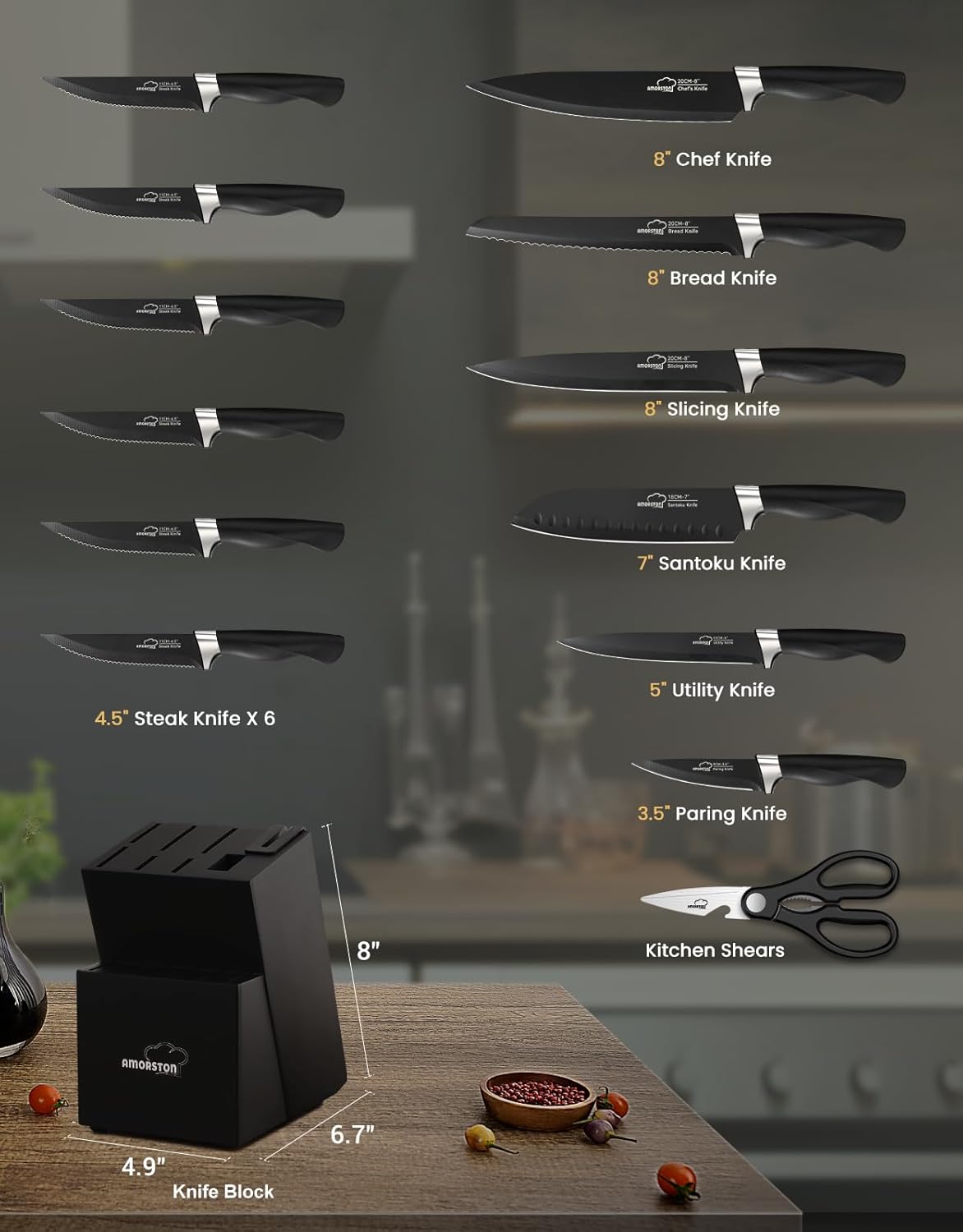Amorston 15 Pieces Knife Sets for Kitchen with Block