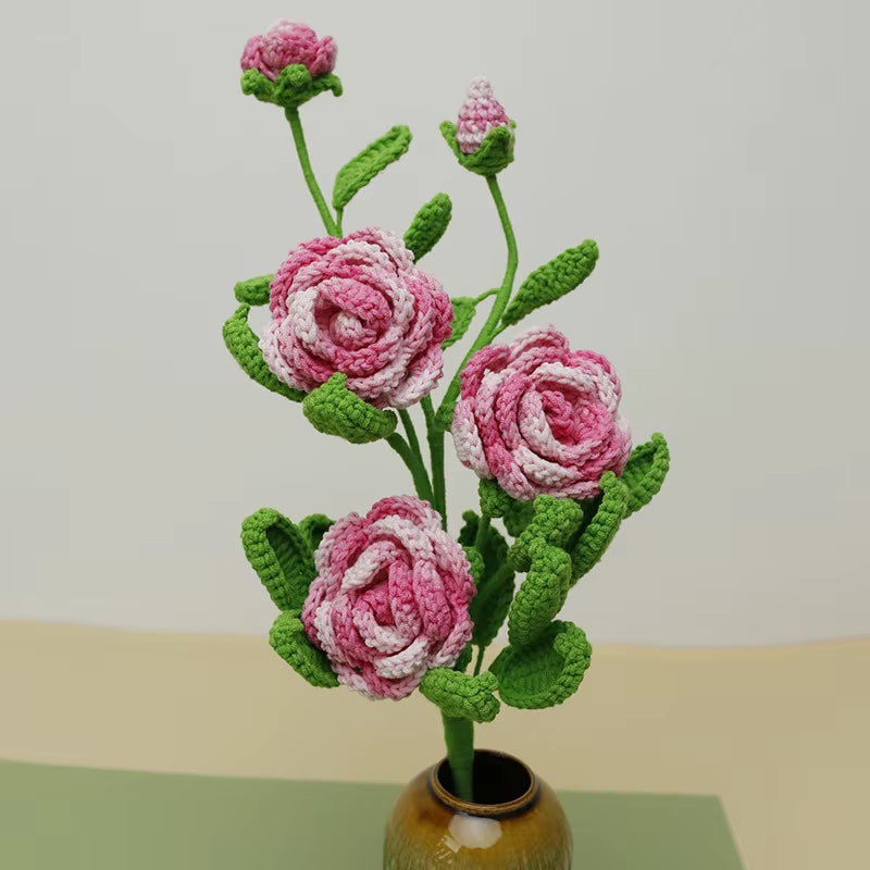 Handmade Crochet Yarn Rose Lily Home Decor Wool Hand Knitting Peony Flowers Beautiful Plant Artificial Room Nursery Home Decor
