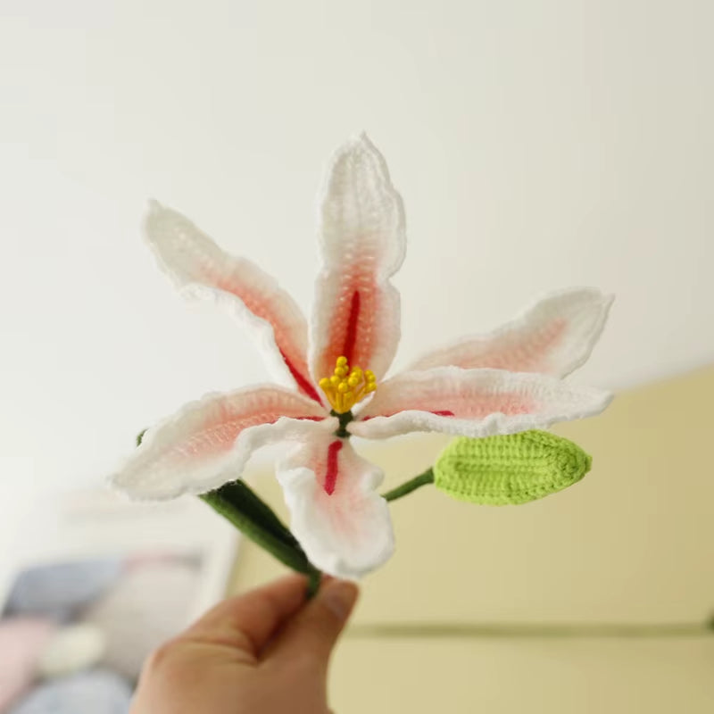 Handmade Crochet Yarn Rose Lily Home Decor Wool Hand Knitting Peony Flowers Beautiful Plant Artificial Room Nursery Home Decor