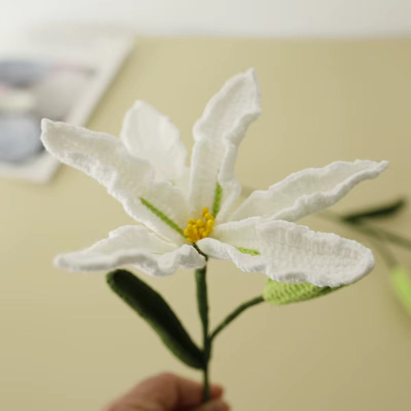 Handmade Crochet Yarn Rose Lily Home Decor Wool Hand Knitting Peony Flowers Beautiful Plant Artificial Room Nursery Home Decor