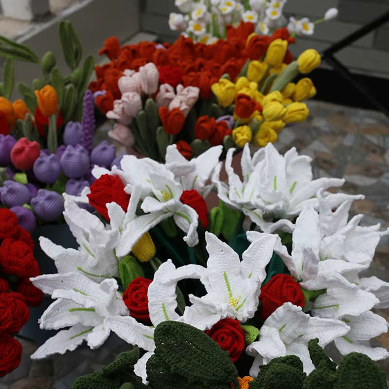 Handmade Crochet Yarn Rose Lily Home Decor Wool Hand Knitting Peony Flowers Beautiful Plant Artificial Room Nursery Home Decor