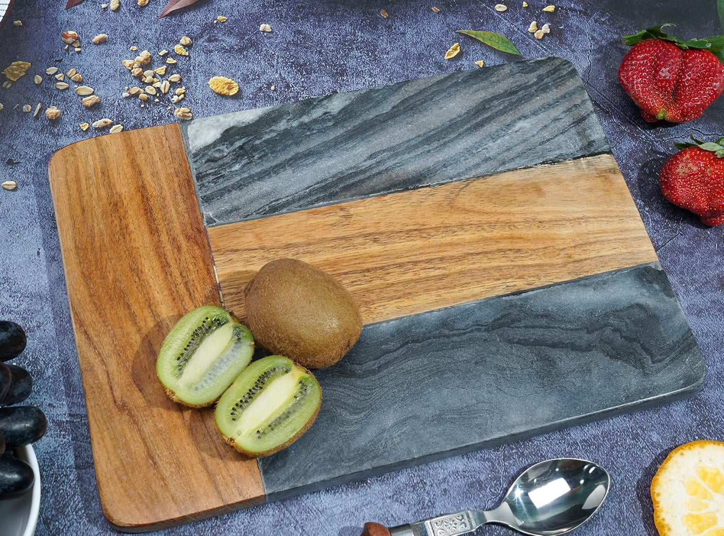 Cutting Board, Wooden and Marble Chopping Board - Stylish 12X9" Cheese & Charcuterie Board - Cutting Board for Meat, Bread, Pastry & Fruits - Elegant Serving Tray for Kitchen or Gift Set