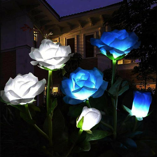 Solar Rose Lights Outdoor Solar Garden Stake Lights, 2 PCS Solar Flowers Lights Outdoor Garden, Waterproof LED Roses Flowers Lights Yard Decorations Outdoor Color Changing(White and Blue)