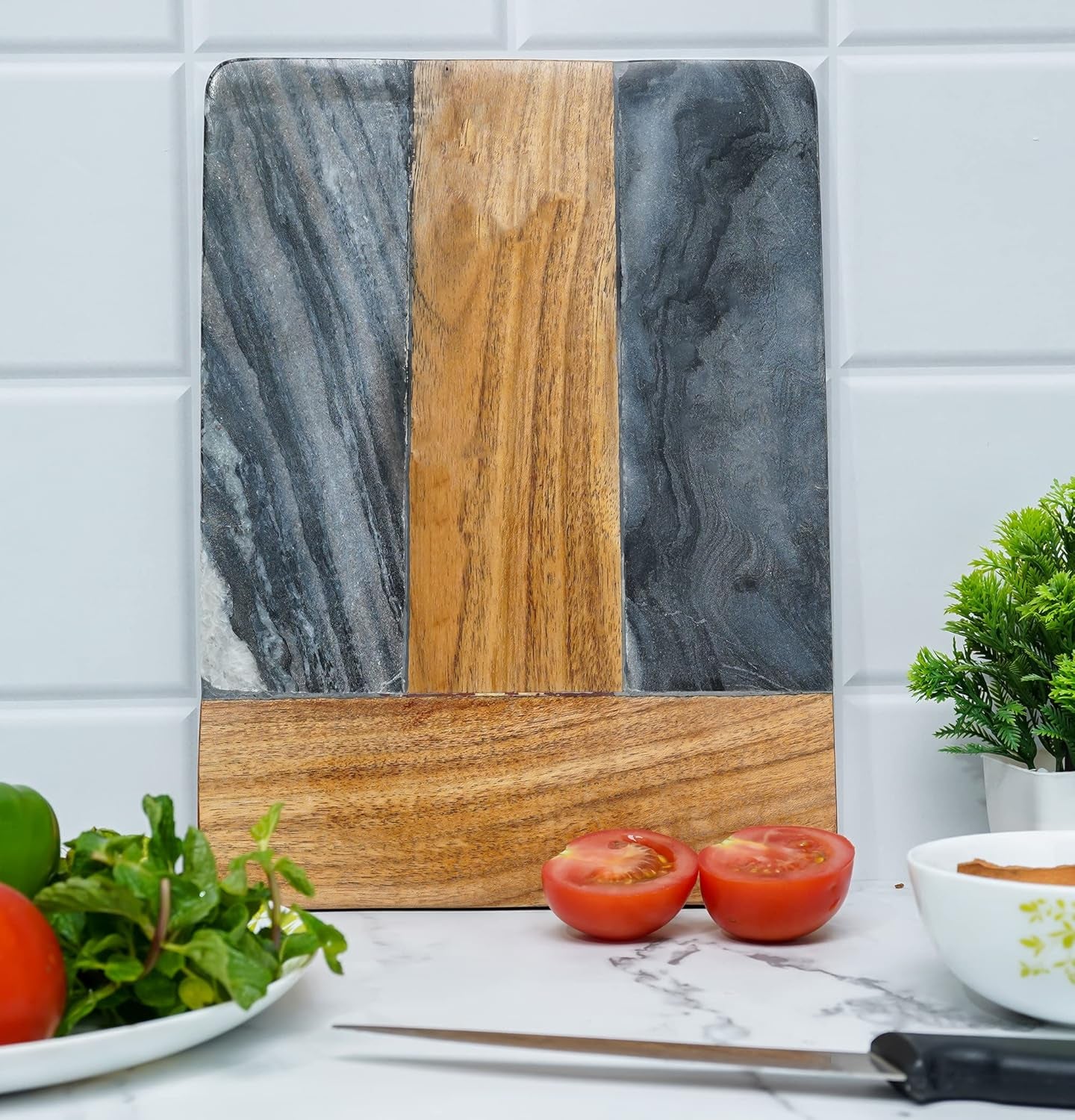 Cutting Board, Wooden and Marble Chopping Board - Stylish 12X9" Cheese & Charcuterie Board - Cutting Board for Meat, Bread, Pastry & Fruits - Elegant Serving Tray for Kitchen or Gift Set