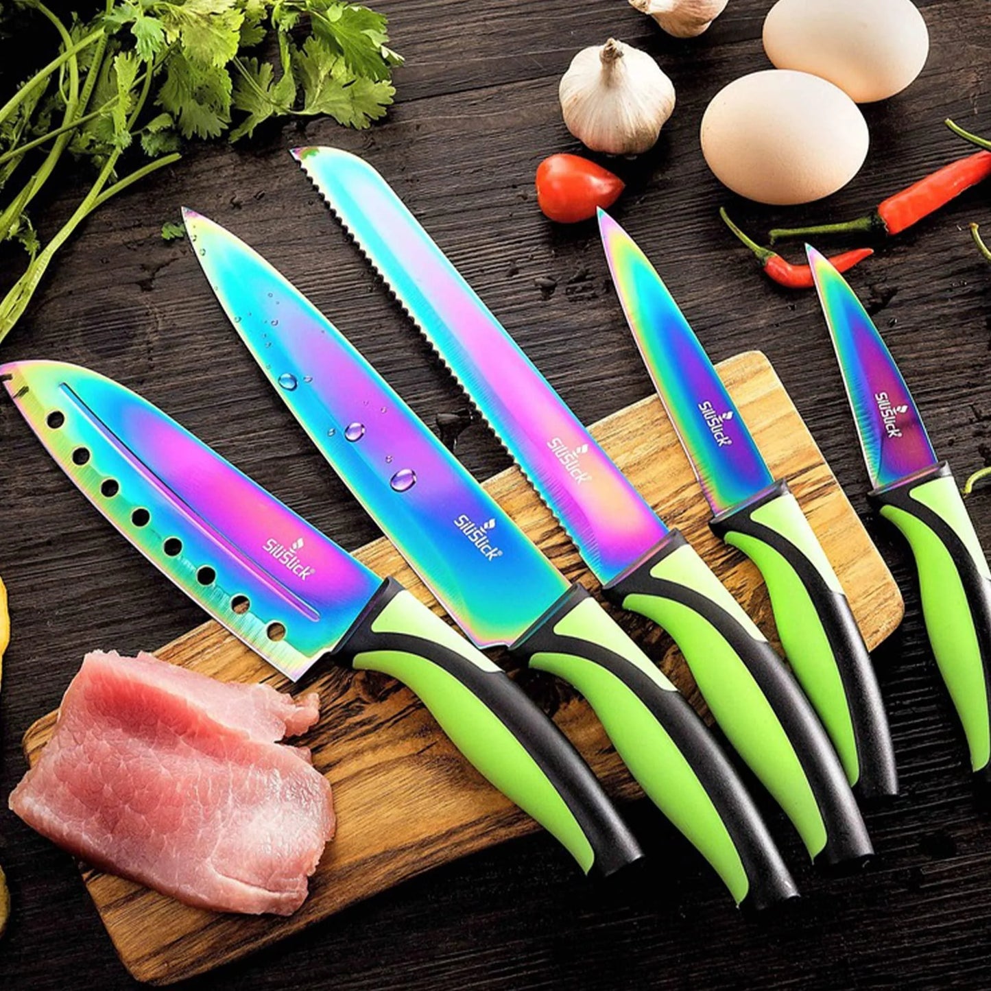 Kitchen Knife Set Kit 5 Dishwasher Safe Colorful Knives with Sharpener Blue